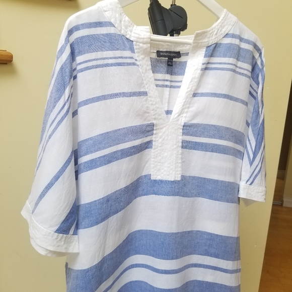 Banana Republic Blue and White 100% Linen Tunic/Caftan Swin Coverup Size XS - Picture 5 of 7